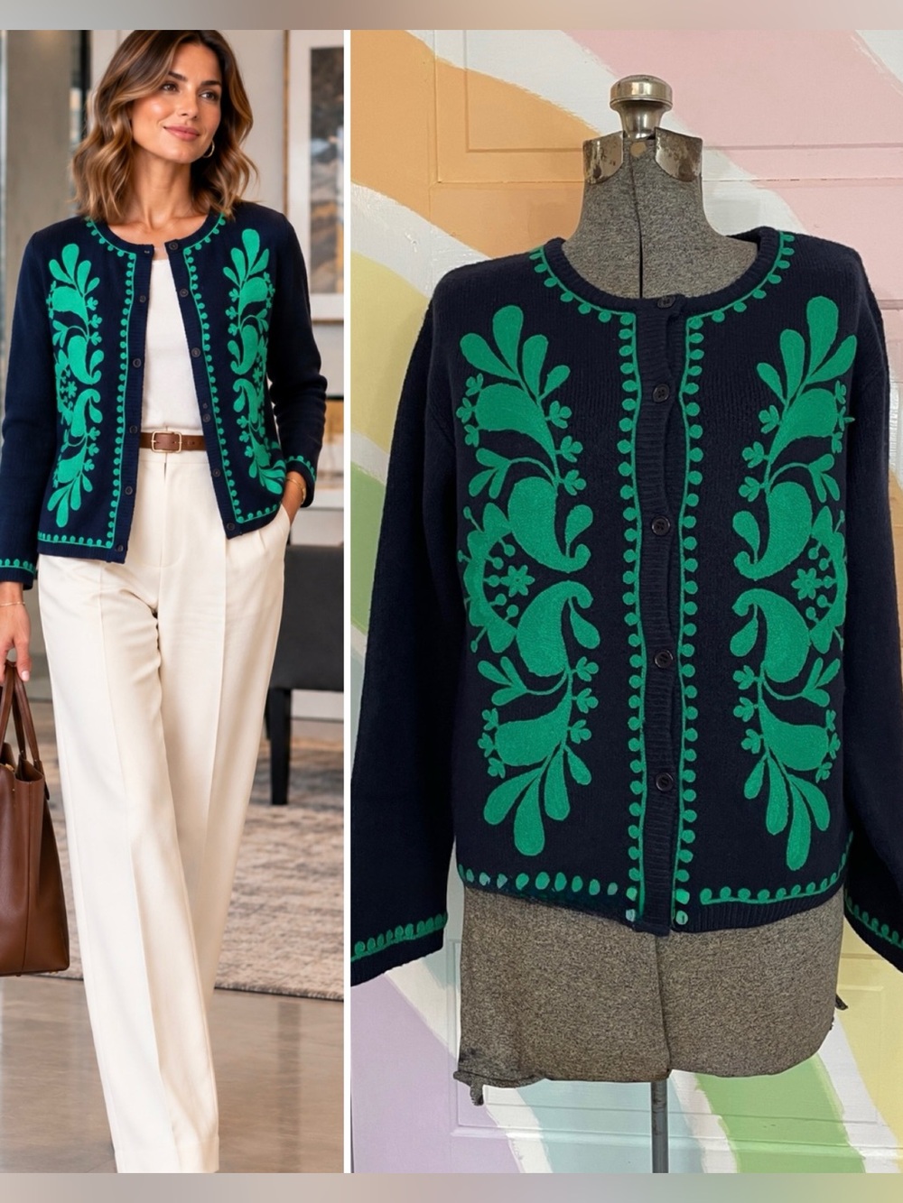 NWT Strut & Bolt Myra Navy Emerald Embroidered Knit Cardigan Jacket Sz S 🧡🎀 - Picture 1 of 10